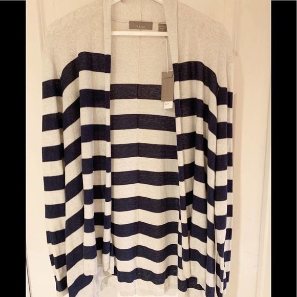 Anthropologie Sweaters - 132-VKOO Anthropologie LG Striped Navy/Greige Cotton Open Cardigan